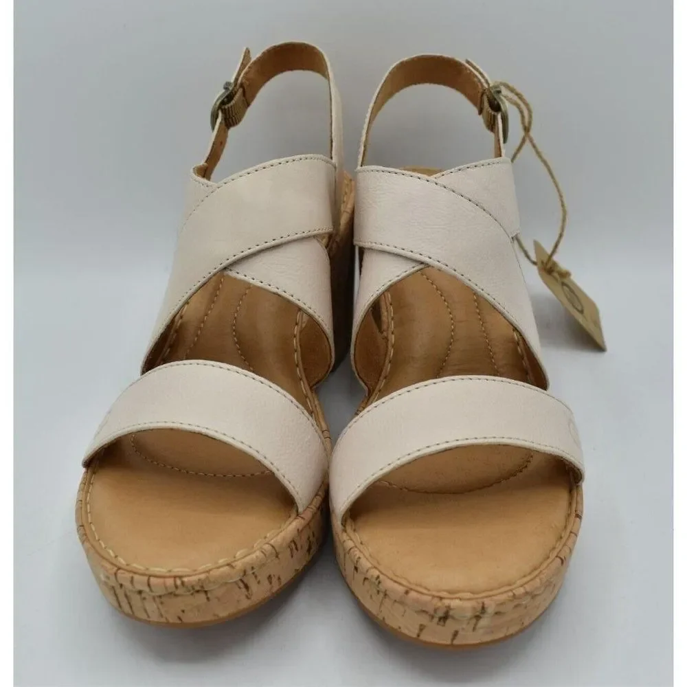 Born Womens Size 11 Lanai White Bone Full Grain Leather Wedge‎ Sandals Shoes